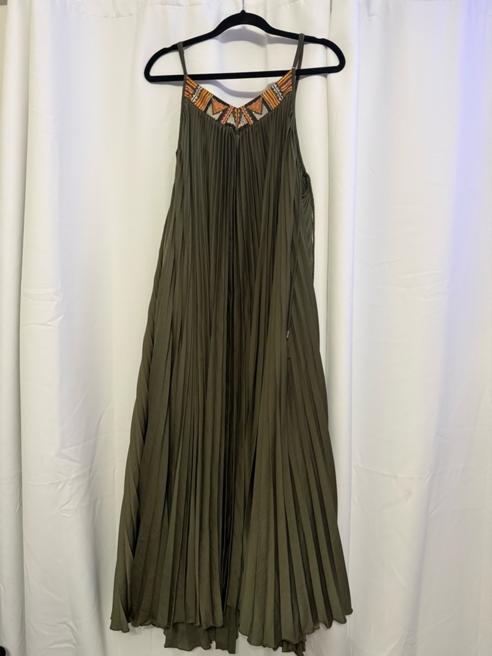 Free People Boho Flowy Olive Green Pleated Maxi Dress w Embroidered Yoke XS - Picture 6 of 9